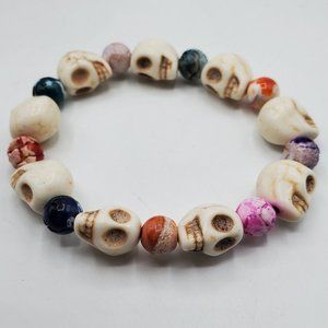 GENUINE NATURAL WHITE HOWLITE and CANDY JASPER BEAD STRETCH BRACELET
